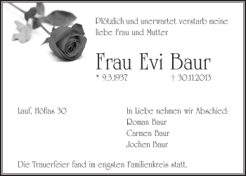 Traueranzeige von Evi Baur von Pegnitz-Zeitung
